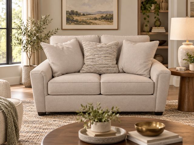 Lot 99-508 - Bauhaus Furniture Group X71E-L Loveseat – Aida Sand Fabric with Feather Accent Pillows Description: ...