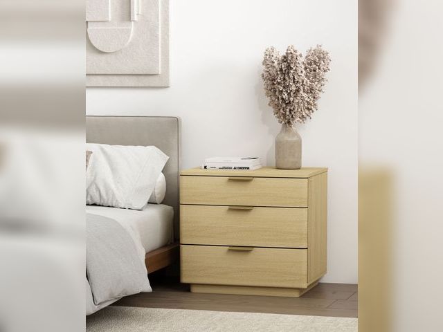 Lot 99-810165553828 - New Manhattan Comfort Payton 26" Modern 3-Drawer Nightstand - Natural Oak, Gold Transform your bedro...