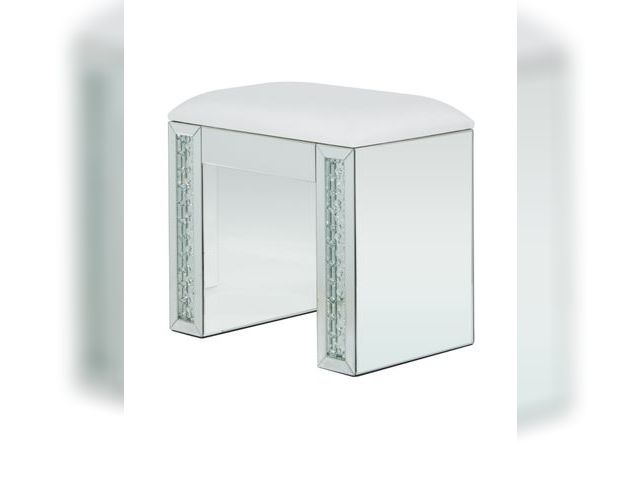 Lot 99-4112 - New Medium-Density Fibreboard Wood Glam Stool - Silver-Tone Sliver This wood and glass cushioned sto...