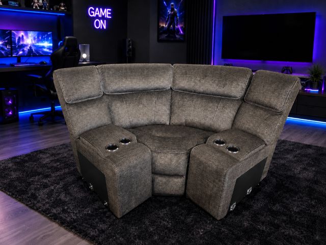 Lot 99-625 - Hutchenson 3-Piece Gray Moss Fabric Sectional Components – Corner Seat + 2 Consoles with Cup Holders...