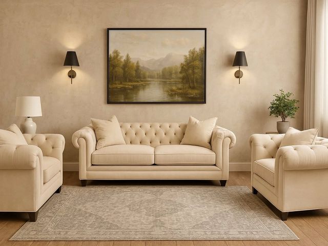 Lot 99-10005 - New Kallison Chesterfield Fabric Fabric Furniture Set Love Seat 3 Piece (Set of 3 Kallison Chesterfi...