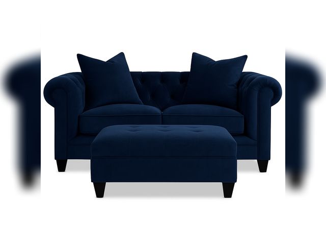 Lot 99-10010 - New Kallison Fabric Loveseat Fabric Love Seat 2 Kallison Chesterfield Blue Fabric Loveseat with matc...
