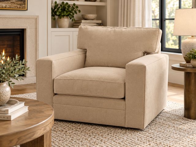 Lot 99-506 - Macy’s Reiter Fabric Swivel Arm Chair – Kenley Ecru – Made in USA – MSRP $2,299