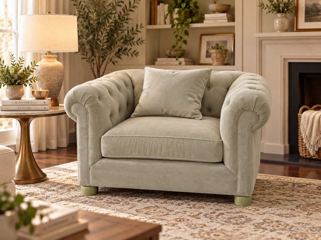 Lot 99-513 - Martha Stewart Collection Saybridge 52" Chesterfield Fabric Armchair – Light Green – Macy’s Classic ...