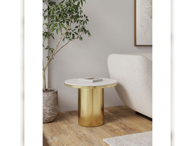 Lot 99-523 - New Glenn 19.68 in. Modern Gold Round Sintered Stone Top End Gold Table Experience the epitome of mo...
