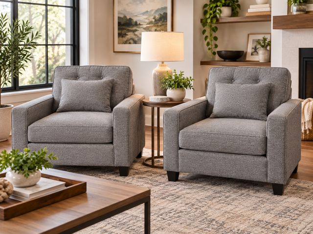 Lot 99-602 - Set of 2 Macy’s Clarke II Fabric Arm Chair in Thrillist Denim with Accent Pillow
